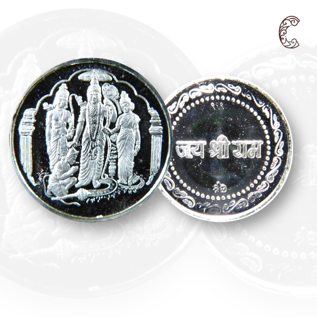 God Ram Darbar - 3D Silver Coin 24KT Purity 999 Round Shape - Backside Jai Shree Ram - Coin Rituals