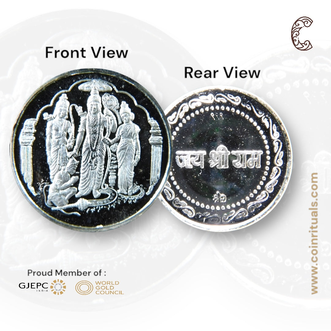 God Ram Darbar - 3D Silver Coin 24KT Purity 999 Round Shape - Backside Jai Shree Ram - Coin Rituals
