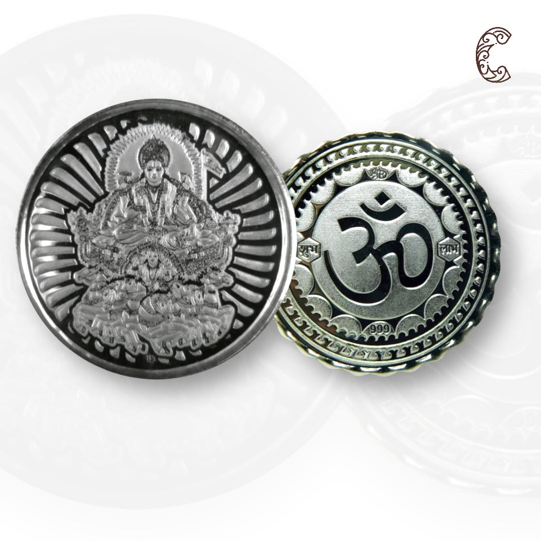 God Surya Dev - 3D Silver Coin 24KT Purity 999 Round Shape - Backside Om - Coin Rituals