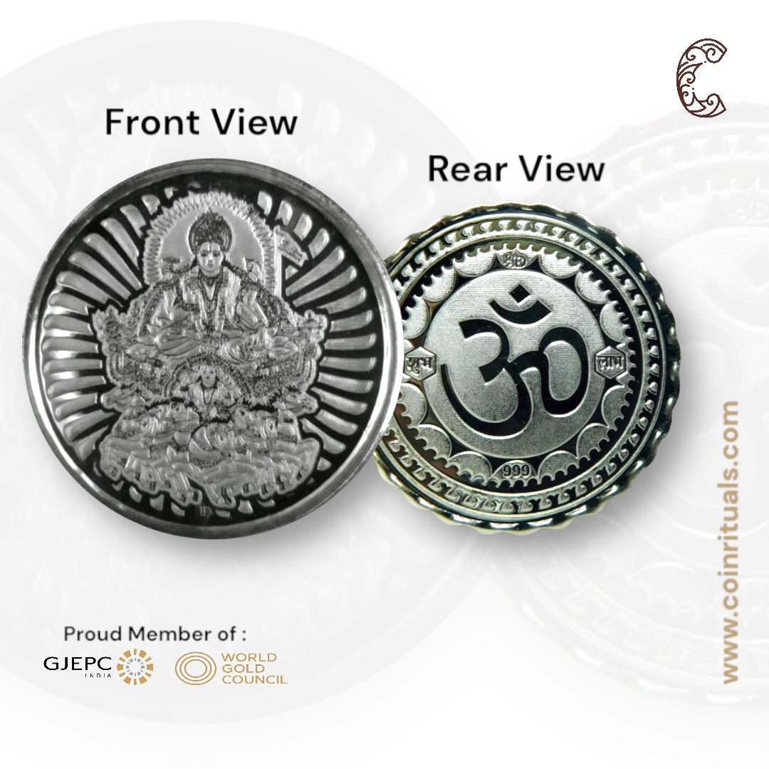 God Surya Dev - 3D Silver Coin 24KT Purity 999 Round Shape - Backside Om - Coin Rituals