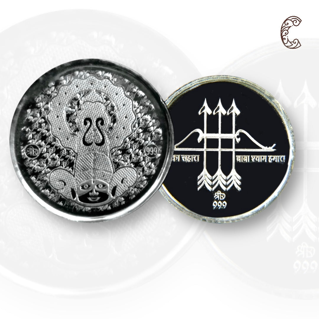 God Shyam Baba - 3D Silver Coin 24KT Purity 999 Round Shape - Backside Teen Baan - Coin Rituals