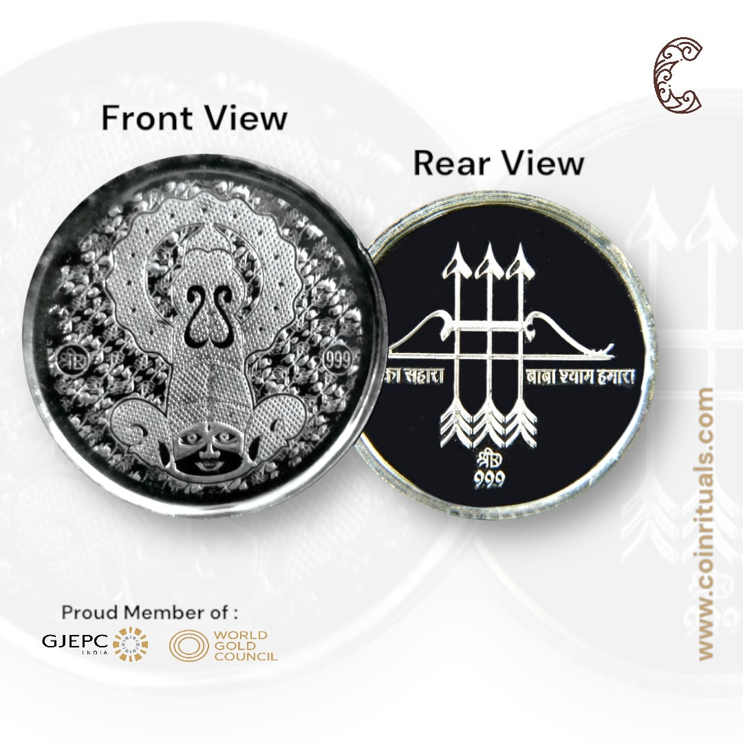 God Shyam Baba - 3D Silver Coin 24KT Purity 999 Round Shape - Backside Teen Baan - Coin Rituals