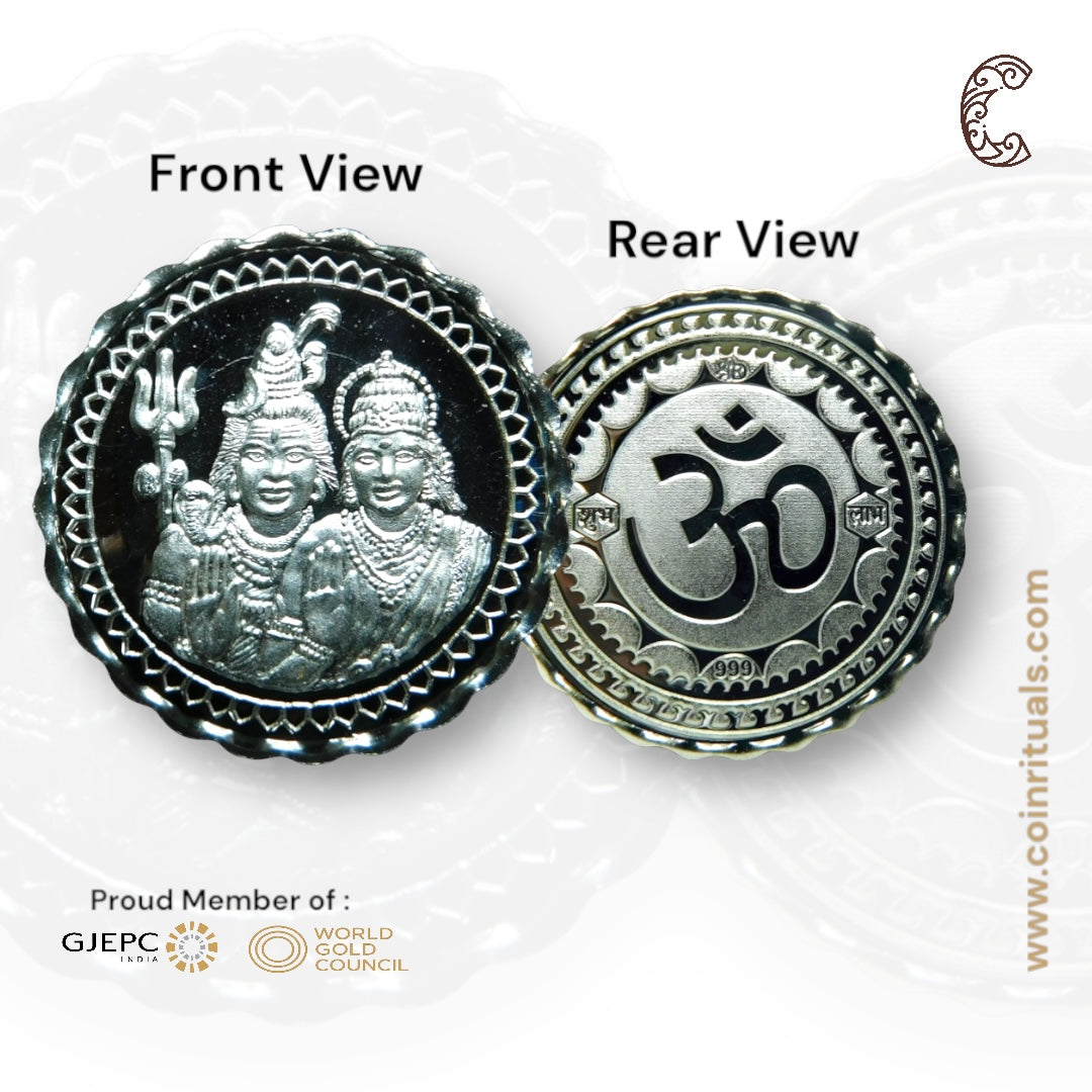 God Shiv & Parvati - 3D Silver Coin 24KT Purity 999 Round Shape - Backside Om - Coin Rituals
