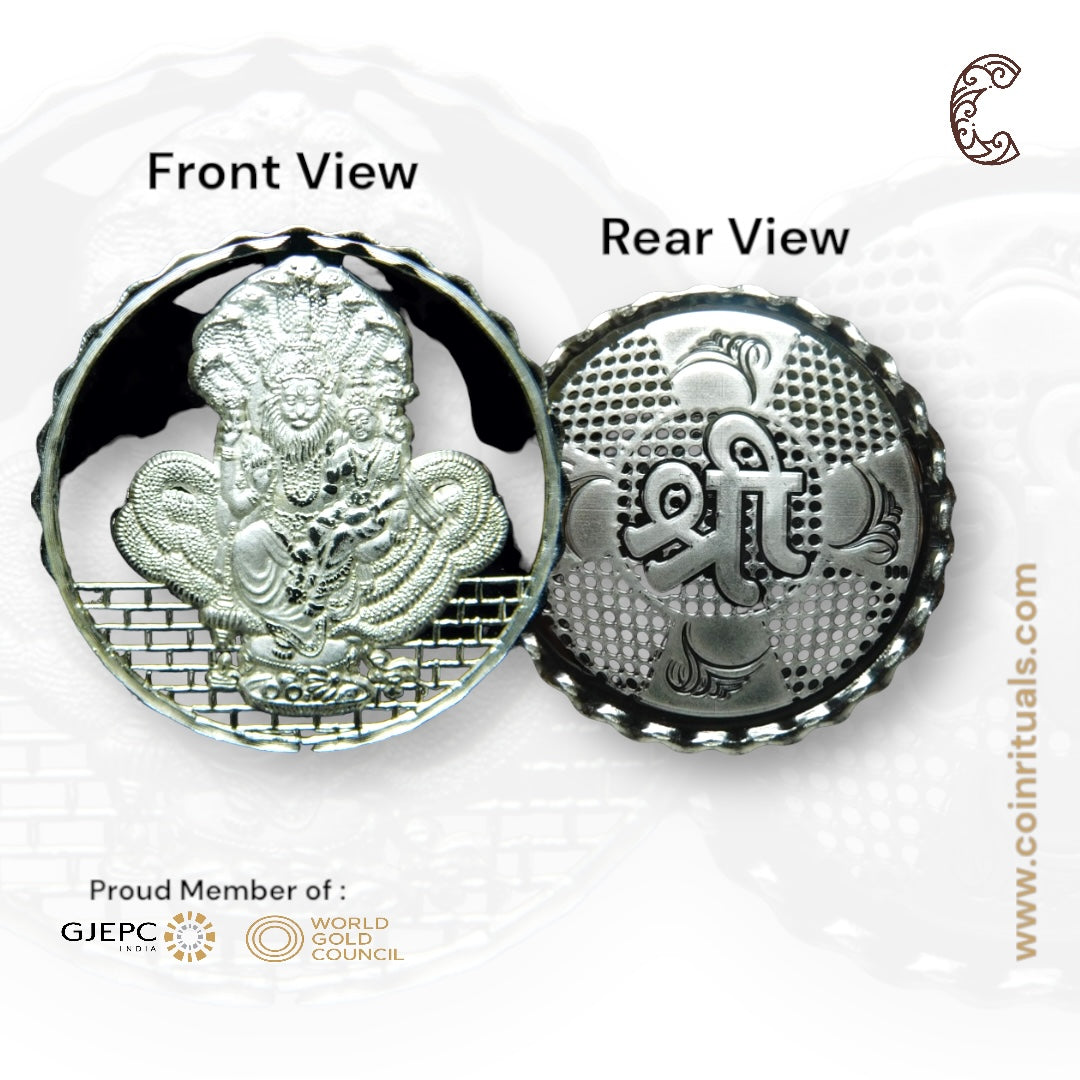 God Narsimha - 3D Silver Coin 24KT Purity 999 Round Shape - Backside Shree - Coin Rituals