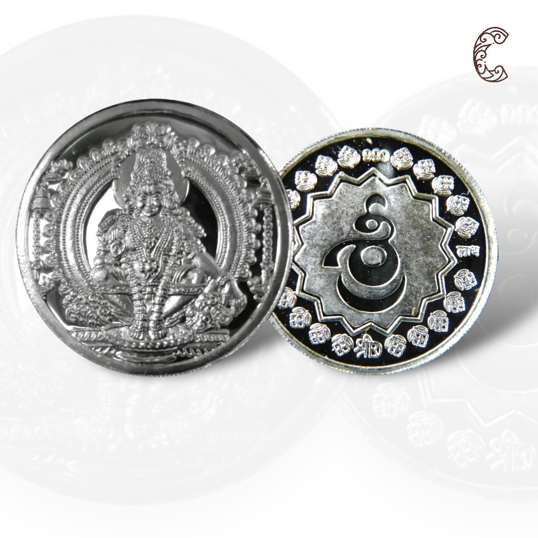 God Ayyapa Swamy/Kartikeya - 3D Silver Coin 24KT Purity 999 Round Shape - Backside Shree - Coin Rituals