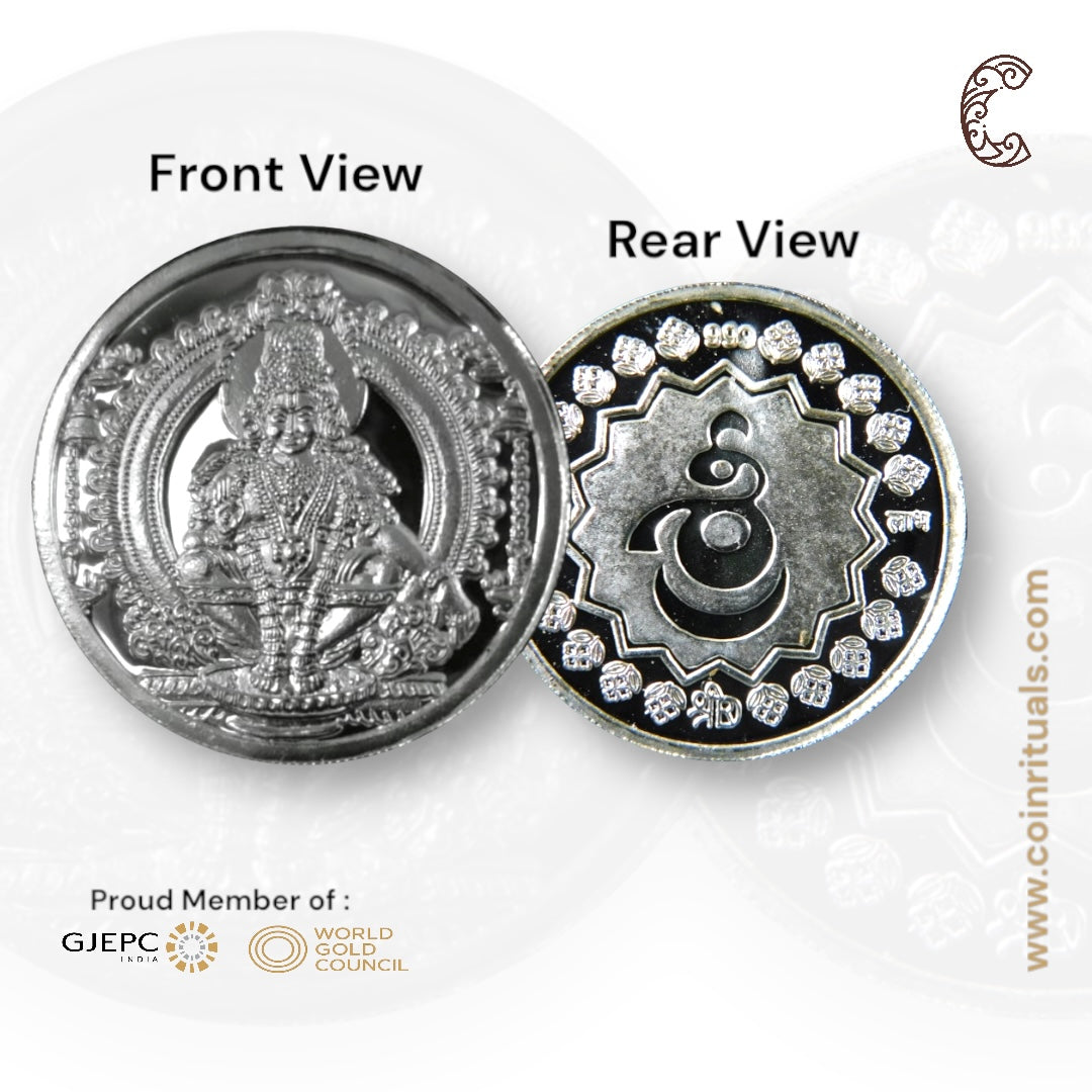 God Ayyapa Swamy/Kartikeya - 3D Silver Coin 24KT Purity 999 Round Shape - Backside Shree - Coin Rituals