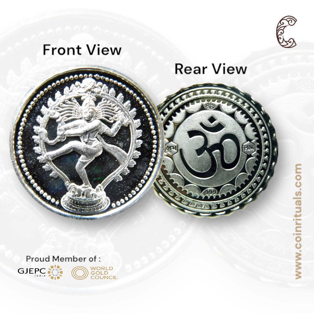 God Natraj - 3D Silver Coin 24KT Purity 999 Round Shape - Backside Om - Coin Rituals