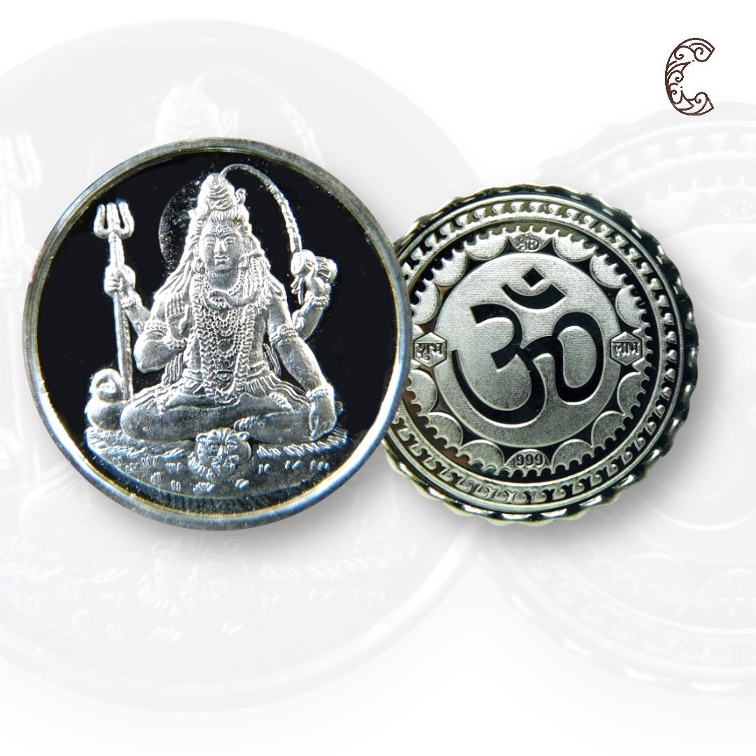 God Shiv - 3D Silver Coin 24KT Purity 999 Round Shape - Backside Om - Coin Rituals