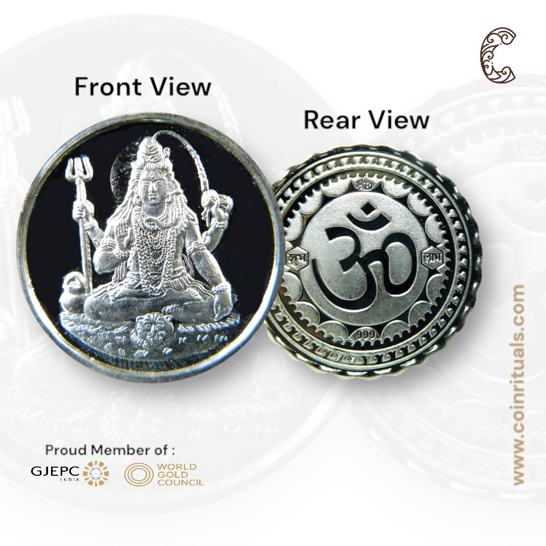 God Shiv - 3D Silver Coin 24KT Purity 999 Round Shape - Backside Om - Coin Rituals
