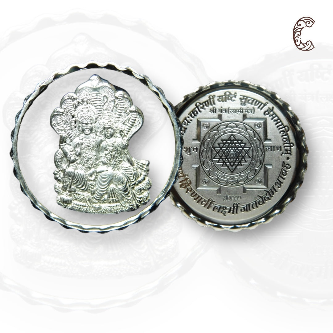 Goddess Lakshmi & Narayana - 3D Silver Coin 24KT Purity 999 Round Shape - Backside Shree Yantra - Coin Rituals