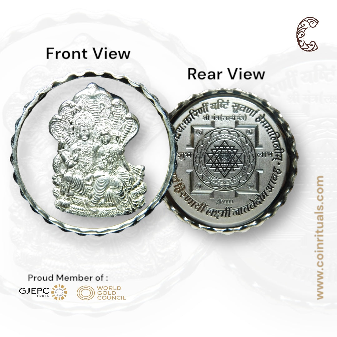 Goddess Lakshmi & Narayana - 3D Silver Coin 24KT Purity 999 Round Shape - Backside Shree Yantra - Coin Rituals