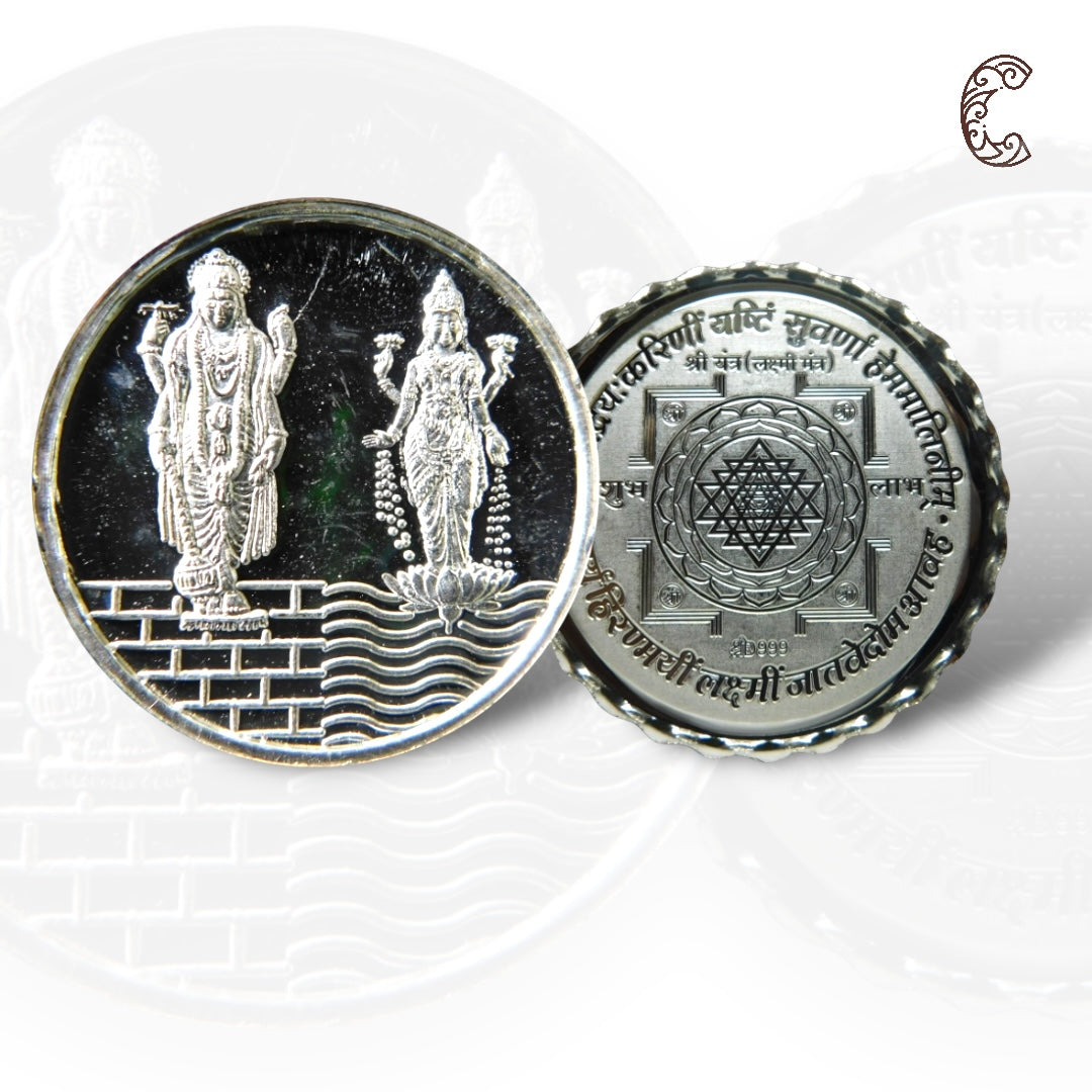God Vishnu & Lakshmi Standing - 3D Silver Coin 24KT Purity 999 Round Shape Front side- Backside Shree Yantra - Coin Rituals