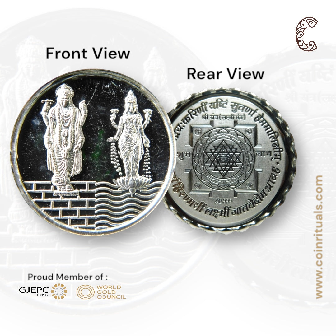 God Vishnu & Lakshmi Standing - 3D Silver Coin 24KT Purity 999 Round Shape Front side- Backside Shree Yantra - Coin Rituals