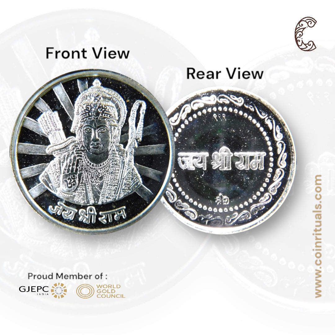 God Ram - 3D Silver Coin 24KT Purity 999 Round Shape - Backside Jai Shree Ram - Coin Rituals