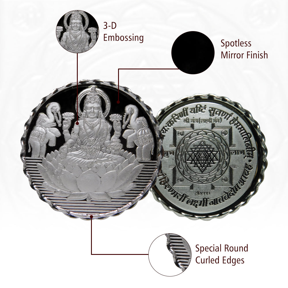 Goddess Lakshmi - 3D Silver Coin 24KT Purity 999 Round Shape - Backside Shree Yantra - Coin Rituals