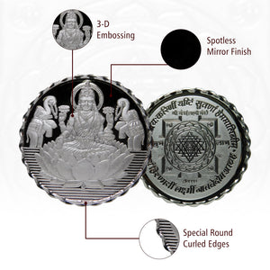 Goddess Lakshmi - 3D Silver Coin 24KT Purity 999 Round Shape - Backside Shree Yantra - Coin Rituals