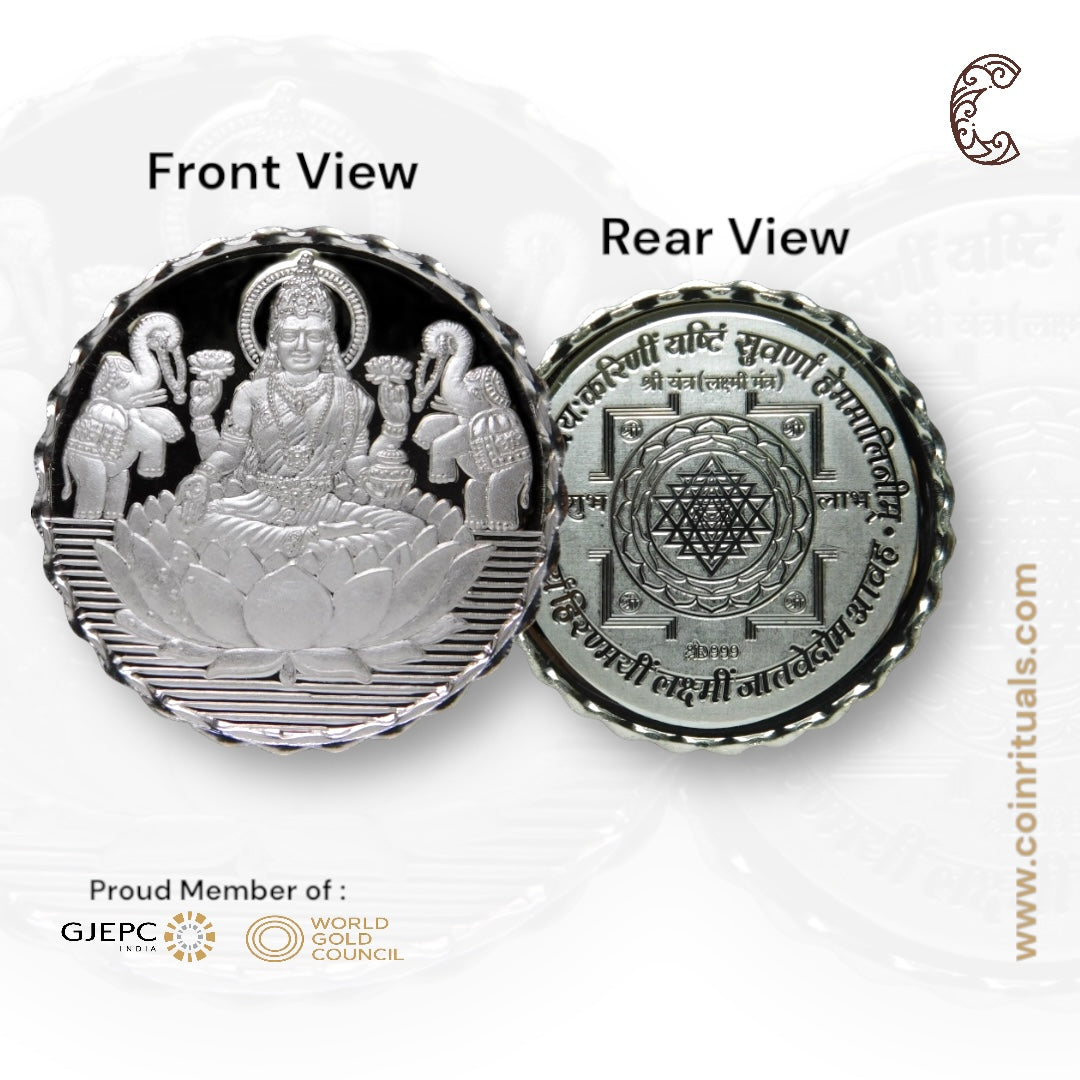 Goddess Lakshmi - 3D Silver Coin 24KT Purity 999 Round Shape - Backside Shree Yantra - Coin Rituals