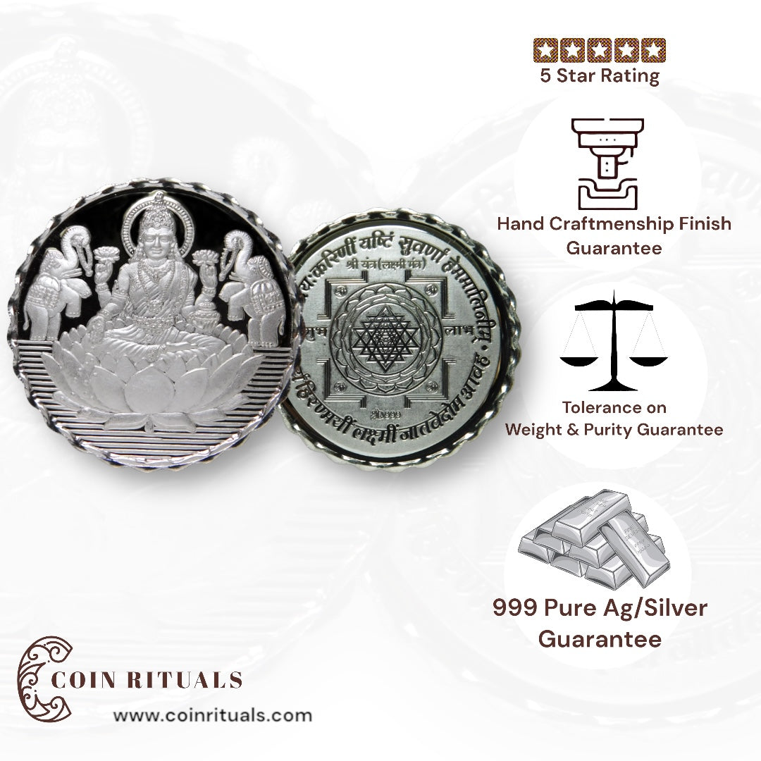 Goddess Lakshmi - 3D Silver Coin 24KT Purity 999 Round Shape - Backside Shree Yantra - Coin Rituals