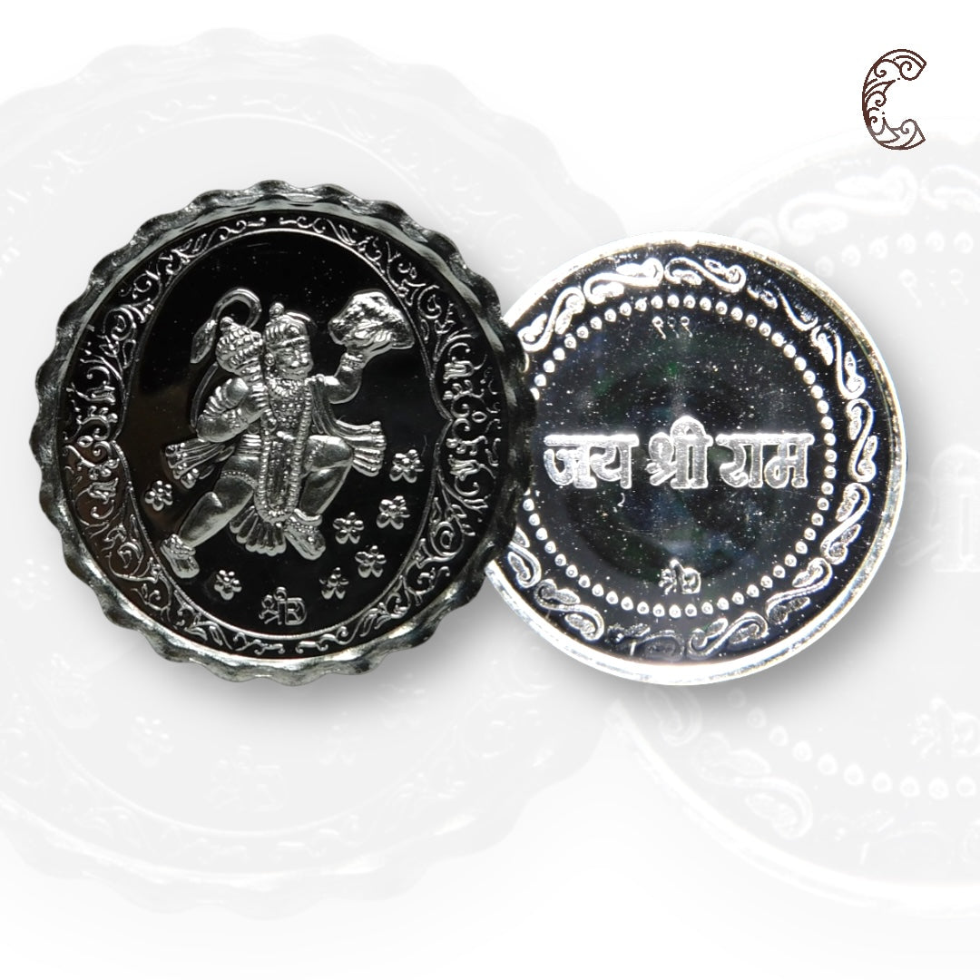 God Hanuman With Pahad/ Mountain - 3D Silver Coin 24KT Purity 999 Round Shape - Backside Jai Shree Ram - Coin Rituals