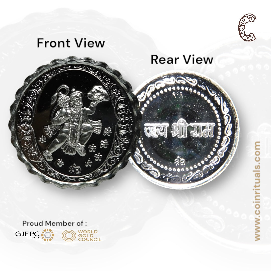 God Hanuman With Pahad/ Mountain - 3D Silver Coin 24KT Purity 999 Round Shape - Backside Jai Shree Ram - Coin Rituals