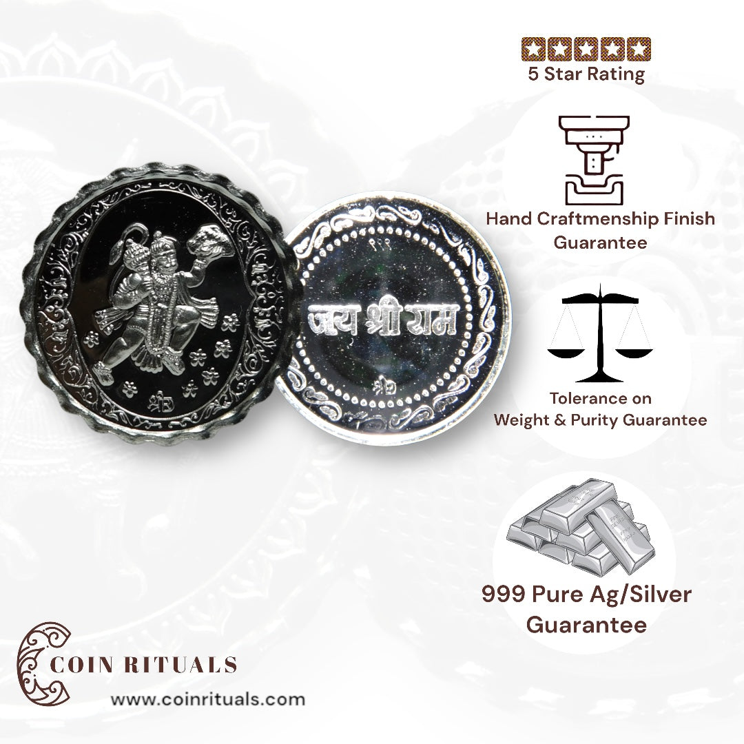 God Hanuman With Pahad/ Mountain - 3D Silver Coin 24KT Purity 999 Round Shape - Backside Jai Shree Ram - Coin Rituals