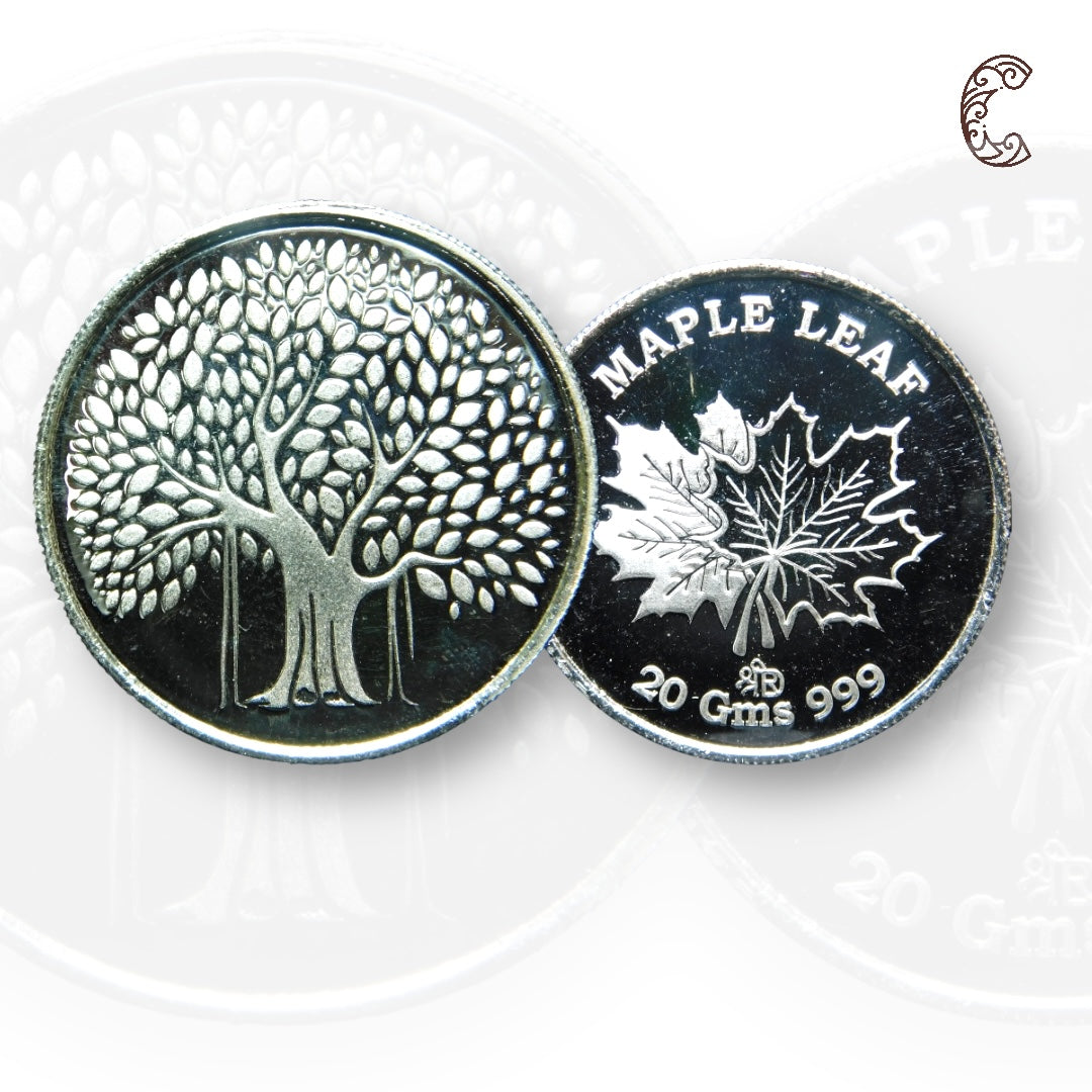 Banyan Tree - 3D Silver Coin 24KT Purity 999 Round Shape Front side   - Backside Maple Leaf - Coin Rituals