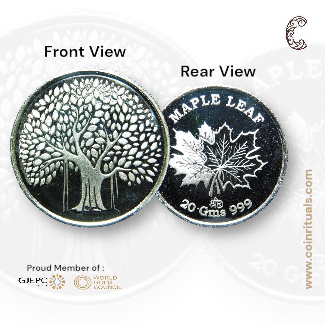 Banyan Tree - 3D Silver Coin 24KT Purity 999 Round Shape Front side   - Backside Maple Leaf - Coin Rituals