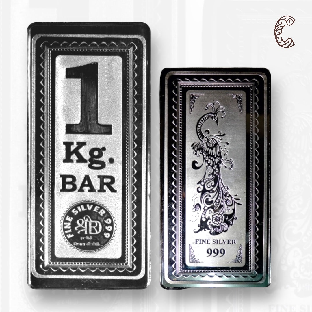 One  KG Bar - 3D Silver Coin 24KT Purity 999 Bar Shape  Front side - Backside Peacock - Coin Rituals