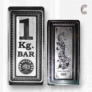 One  KG Bar - 3D Silver Coin 24KT Purity 999 Bar Shape  Front side - Backside Peacock - Coin Rituals