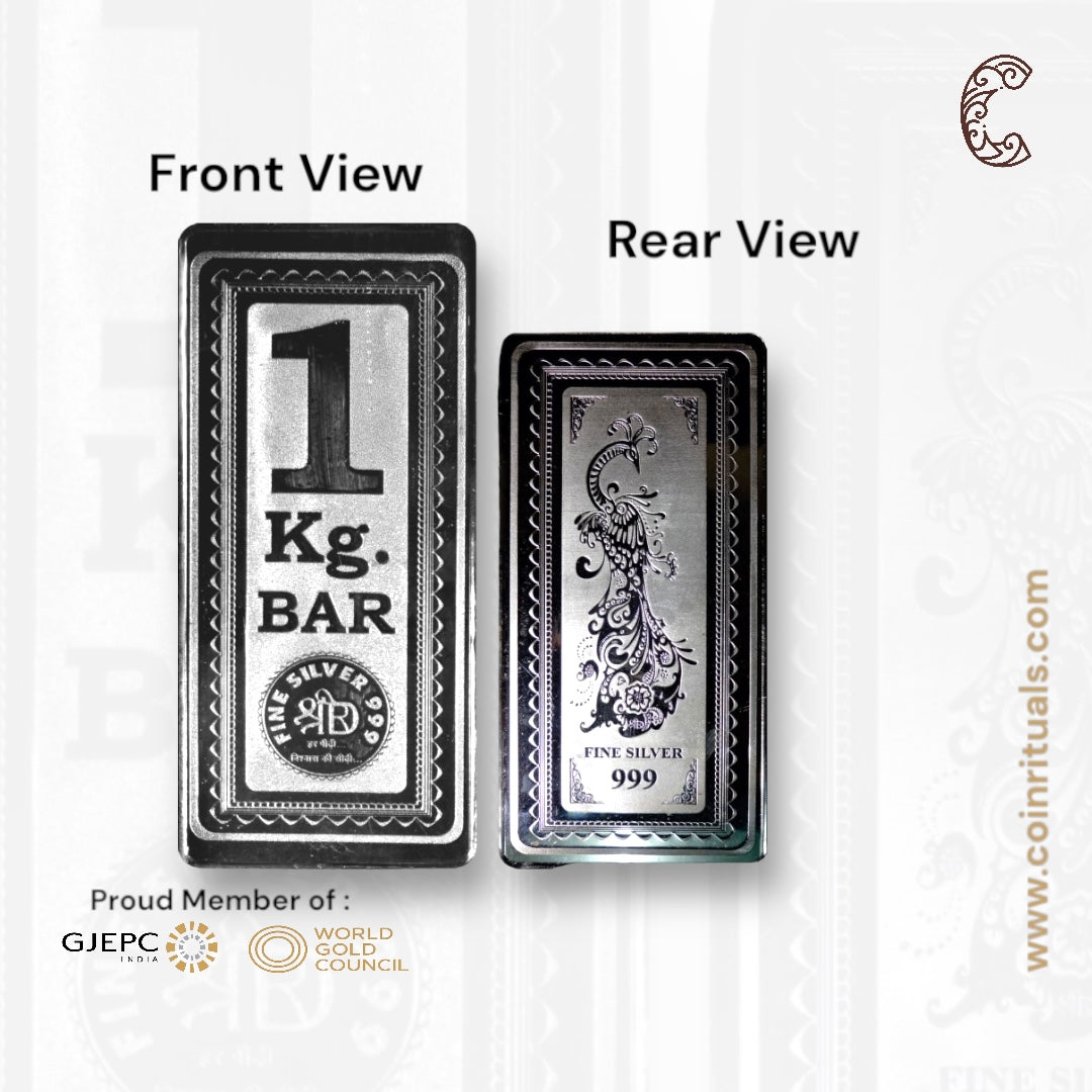 One  KG Bar - 3D Silver Coin 24KT Purity 999 Bar Shape  Front side - Backside Peacock - Coin Rituals
