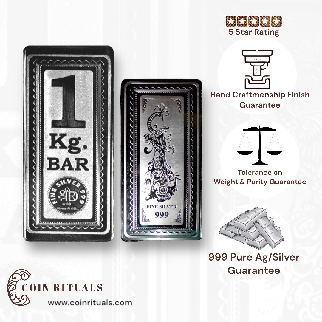 One  KG Bar - 3D Silver Coin 24KT Purity 999 Bar Shape  Front side - Backside Peacock - Coin Rituals