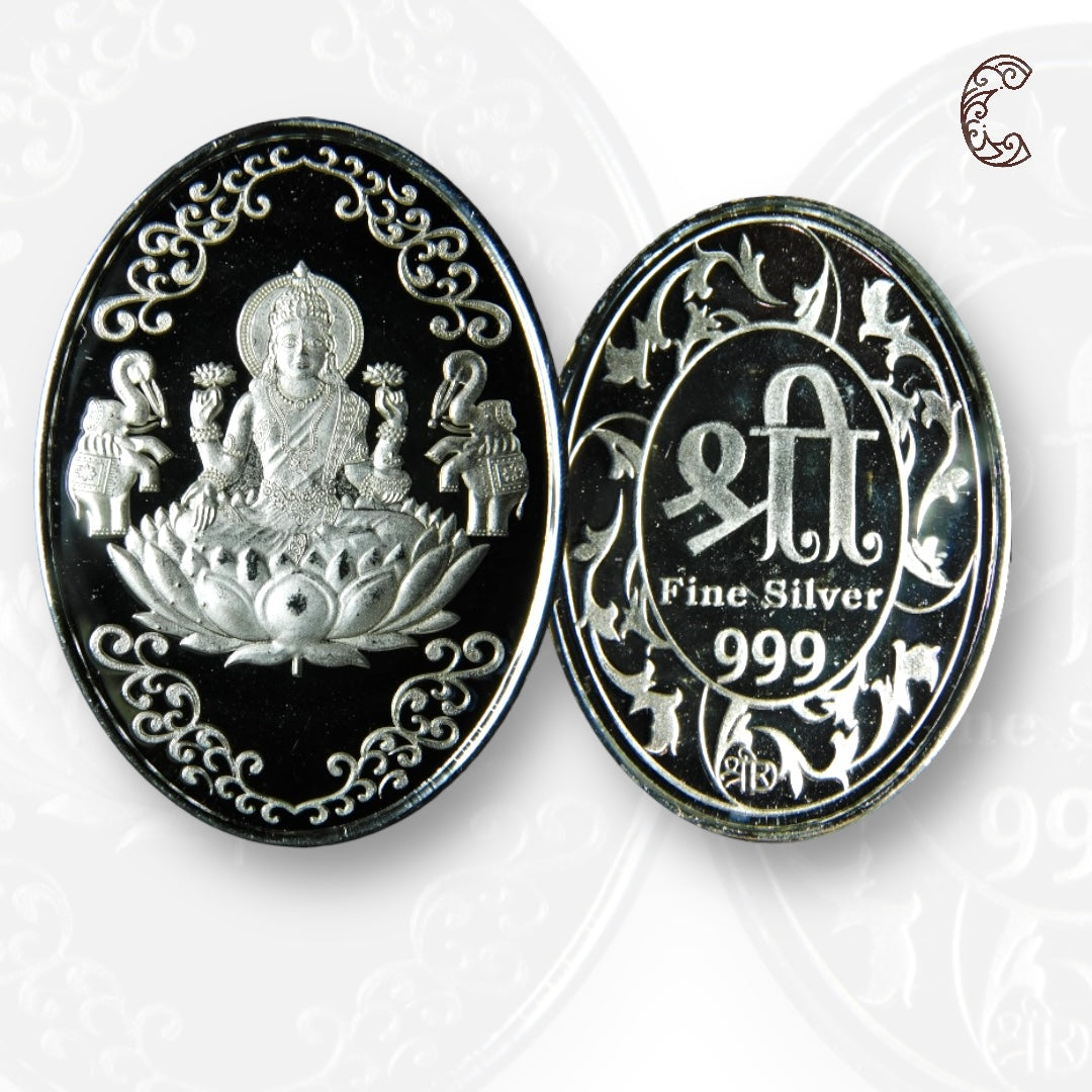 Goddess Lakshmi - 3D Silver Coin 24KT Purity 999 Round Shape - Backside Shree Yantra - Coin Rituals
