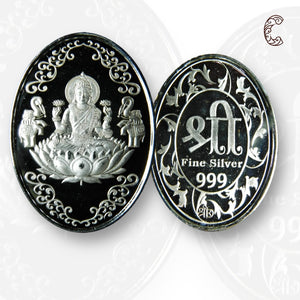 Goddess Lakshmi - 3D Silver Coin 24KT Purity 999 Round Shape - Backside Shree Yantra - Coin Rituals