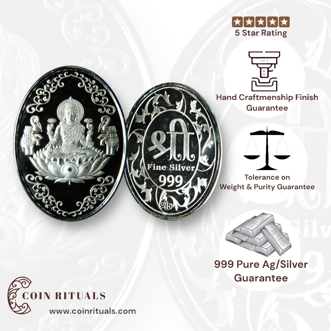 Goddess Lakshmi - 3D Silver Coin 24KT Purity 999 Round Shape - Backside Shree Yantra - Coin Rituals