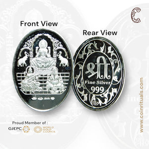 God Ganesh, Saraswati & Lakshmi / Treemurty - Silver Coin 24KT Purity 999 Round Shape - Backside Shree Yantra - Coin Rituals