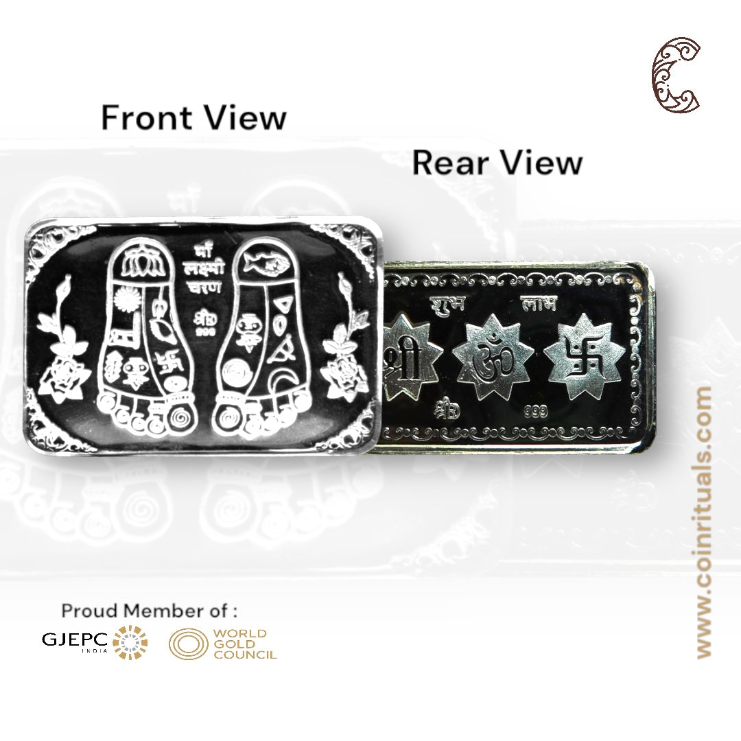 Goddess Lakshmi - 3D Silver Coin 24KT Purity 999 Round Shape - Backside Shree Charan - Coin Rituals