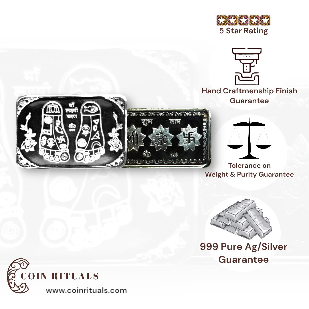 Goddess Lakshmi - 3D Silver Coin 24KT Purity 999 Round Shape - Backside Shree Charan - Coin Rituals