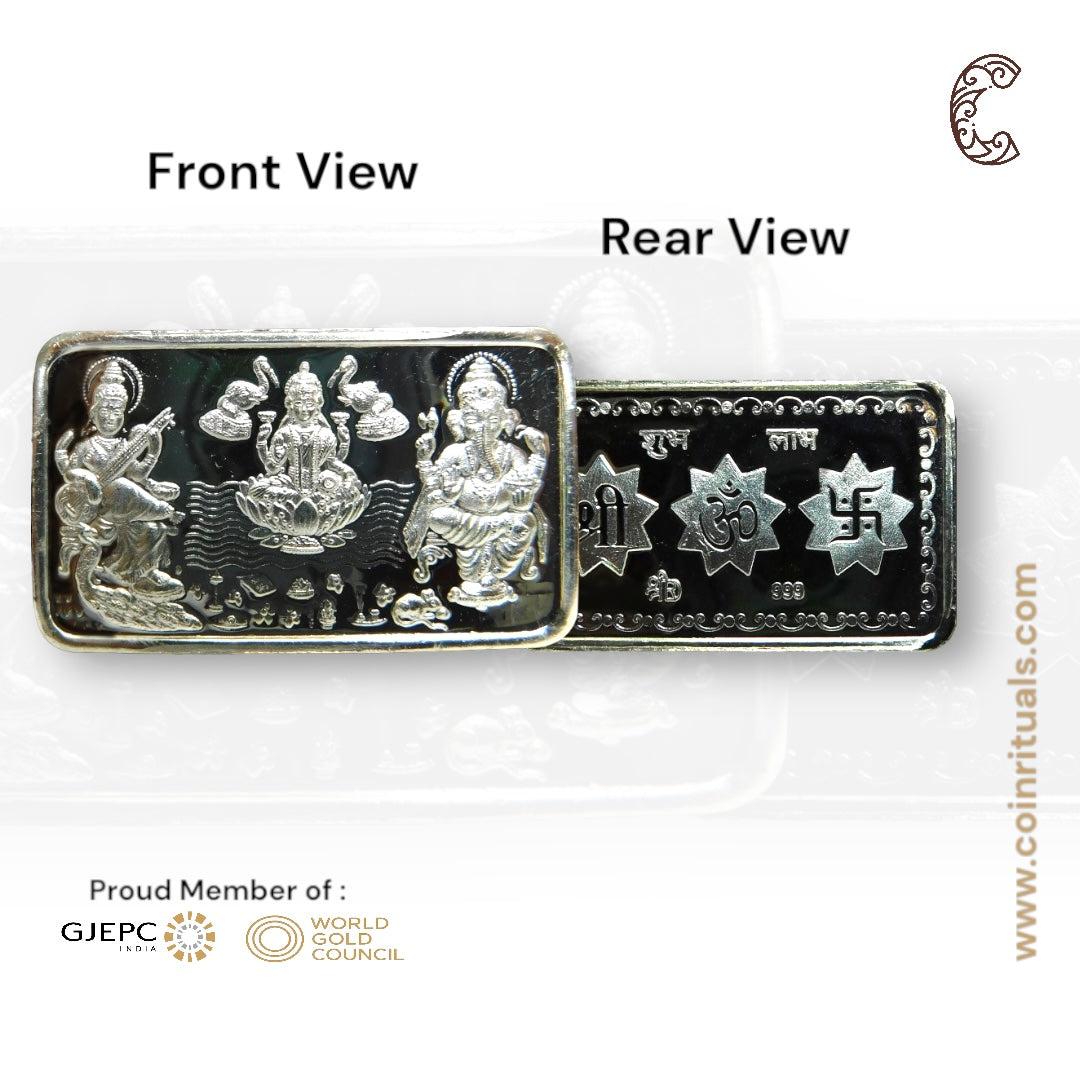 God Ganesh, Saraswati & Lakshmi / Treemurty - Silver Coin 24KT Purity 999 Round Shape - Backside Shree Yantra - Coin Rituals