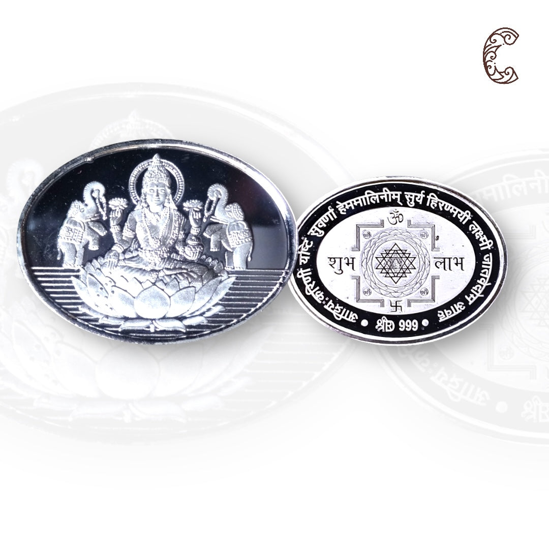 Goddess Lakshmi - 3D Silver Coin 24KT Purity 999 Round Shape - Backside Shree Yantra - Coin Rituals