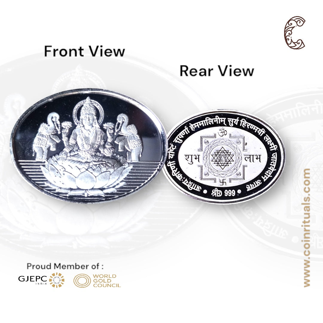 Goddess Lakshmi - 3D Silver Coin 24KT Purity 999 Round Shape - Backside Shree Yantra - Coin Rituals