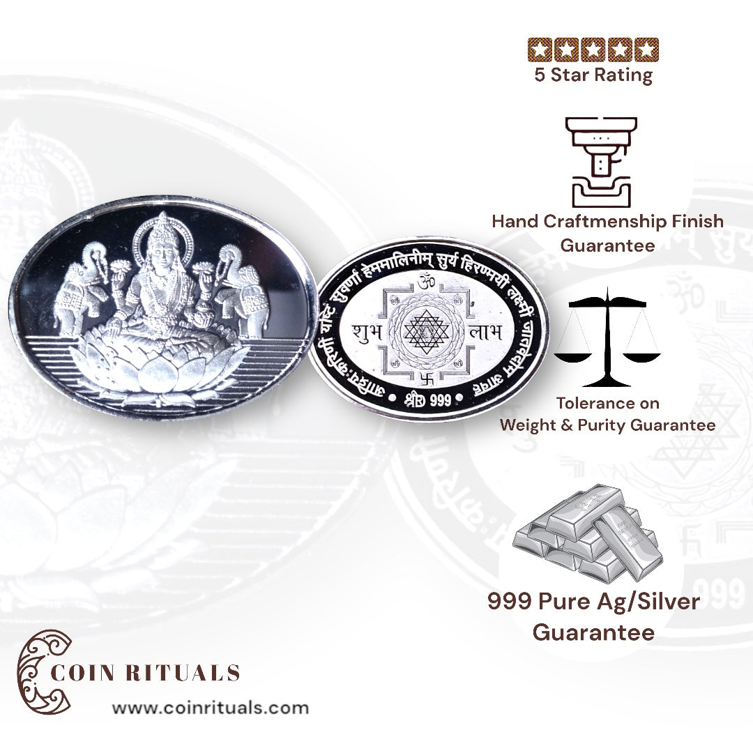 Goddess Lakshmi - 3D Silver Coin 24KT Purity 999 Round Shape - Backside Shree Yantra - Coin Rituals