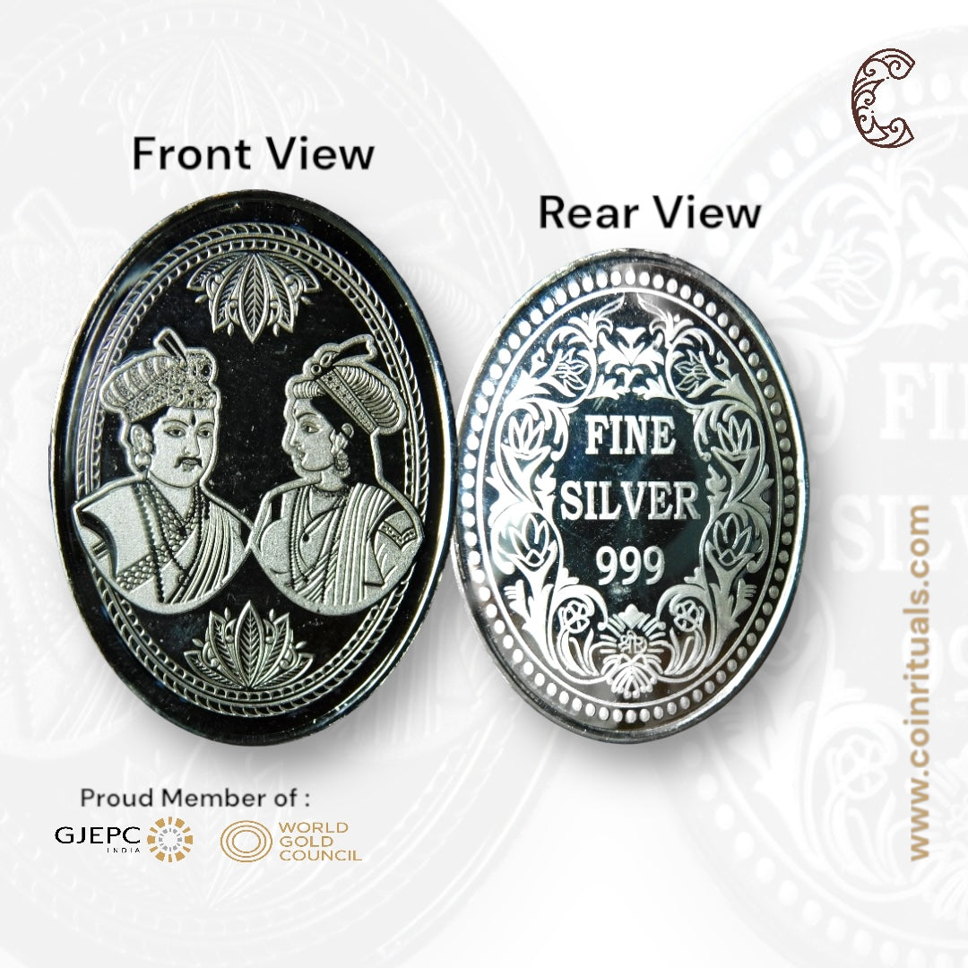 Raja Rani - 3D Silver Coin 24KT Purity 999 Oval Shape - Backside Fine Silver - Coin Rituals