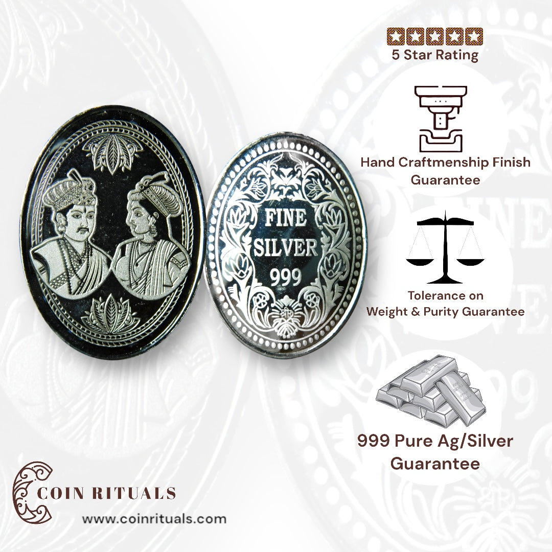 Raja Rani - 3D Silver Coin 24KT Purity 999 Oval Shape - Backside Fine Silver - Coin Rituals