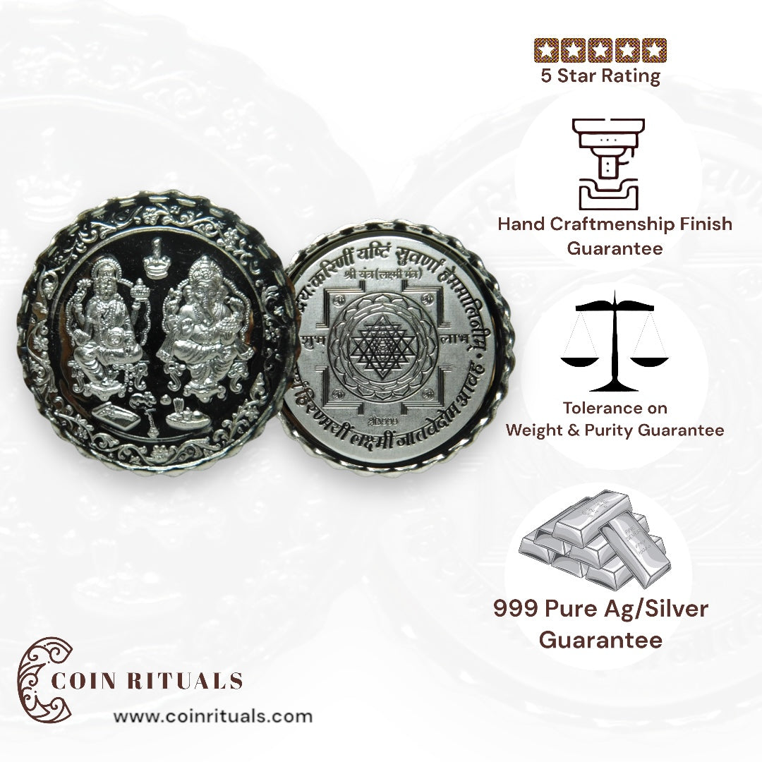 God Ganesh & Lakshmi - 3D Silver Coin 24KT Purity 999 Round Shape - Backside Shree Yantra - Coin Rituals