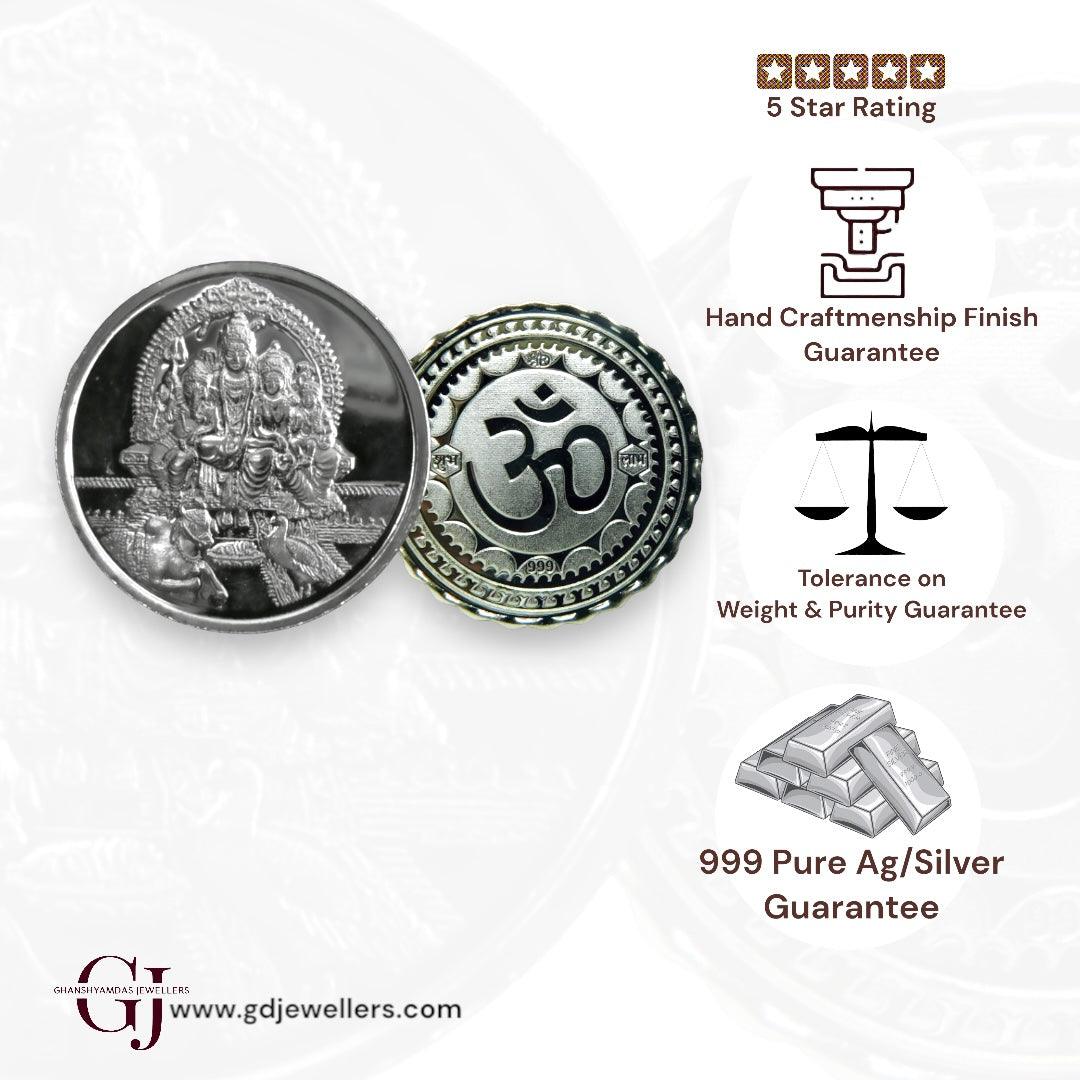 God Shiv Parivar - 3D Silver Coin 24KT Purity 999 Round Shape - Backside Om - Coin Rituals