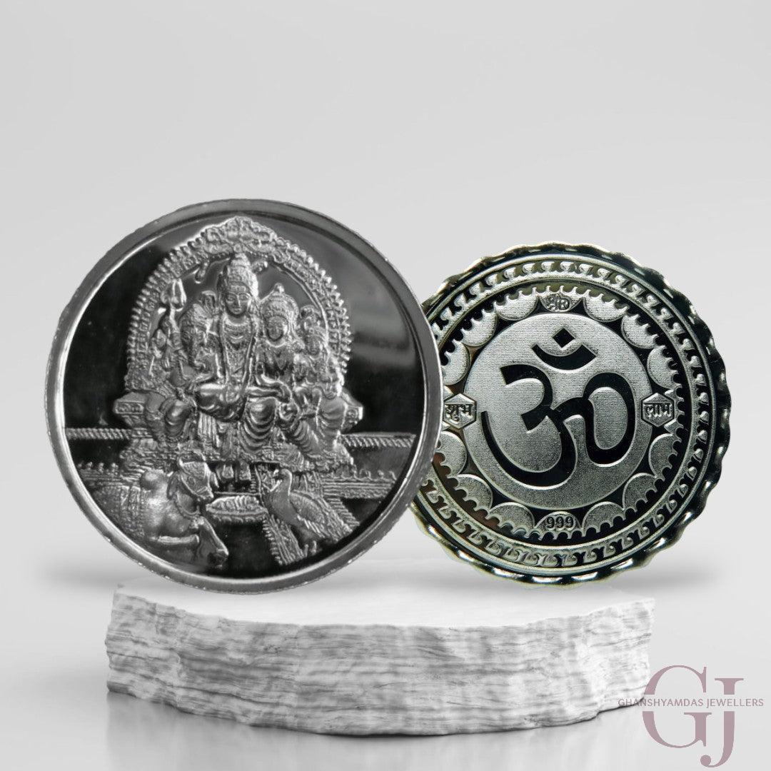 God Shiv Parivar - 3D Silver Coin 24KT Purity 999 Round Shape - Backside Om - Coin Rituals