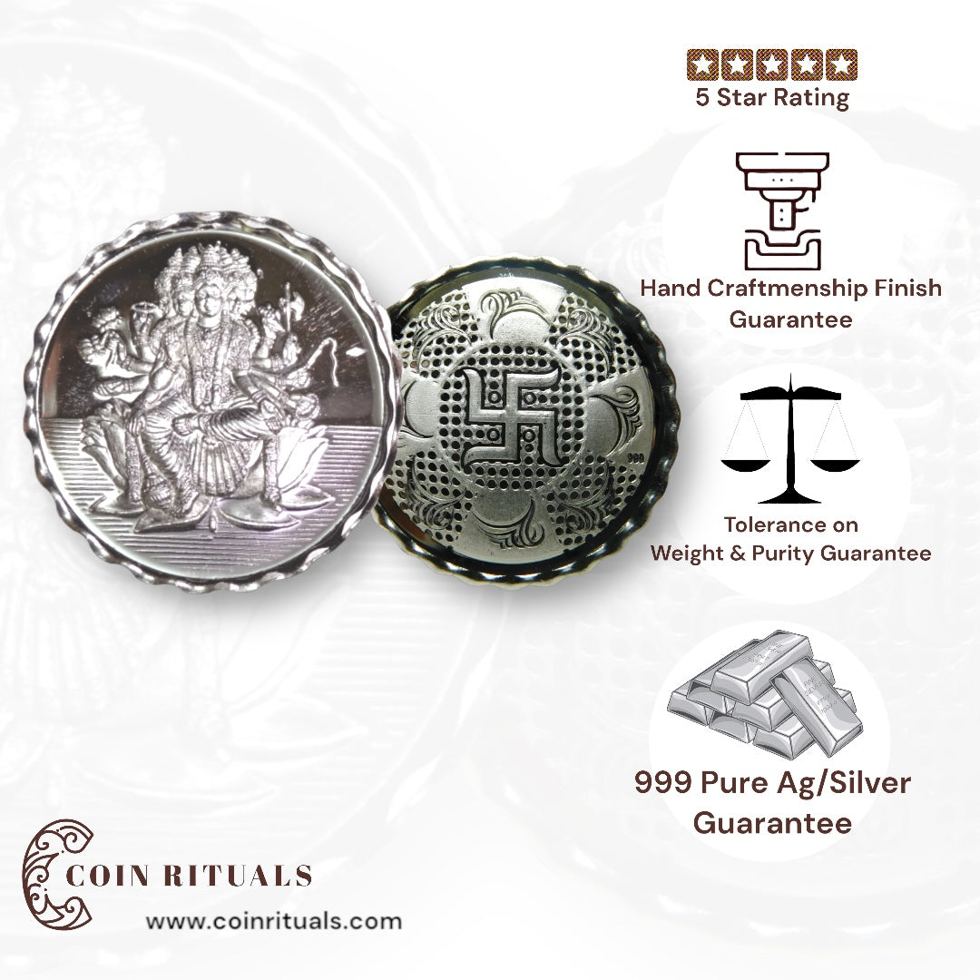 Goddess Maa Gayatri - 3D Silver Coin 24KT Purity 999 Round Shape - Backside Swastik - Coin Rituals