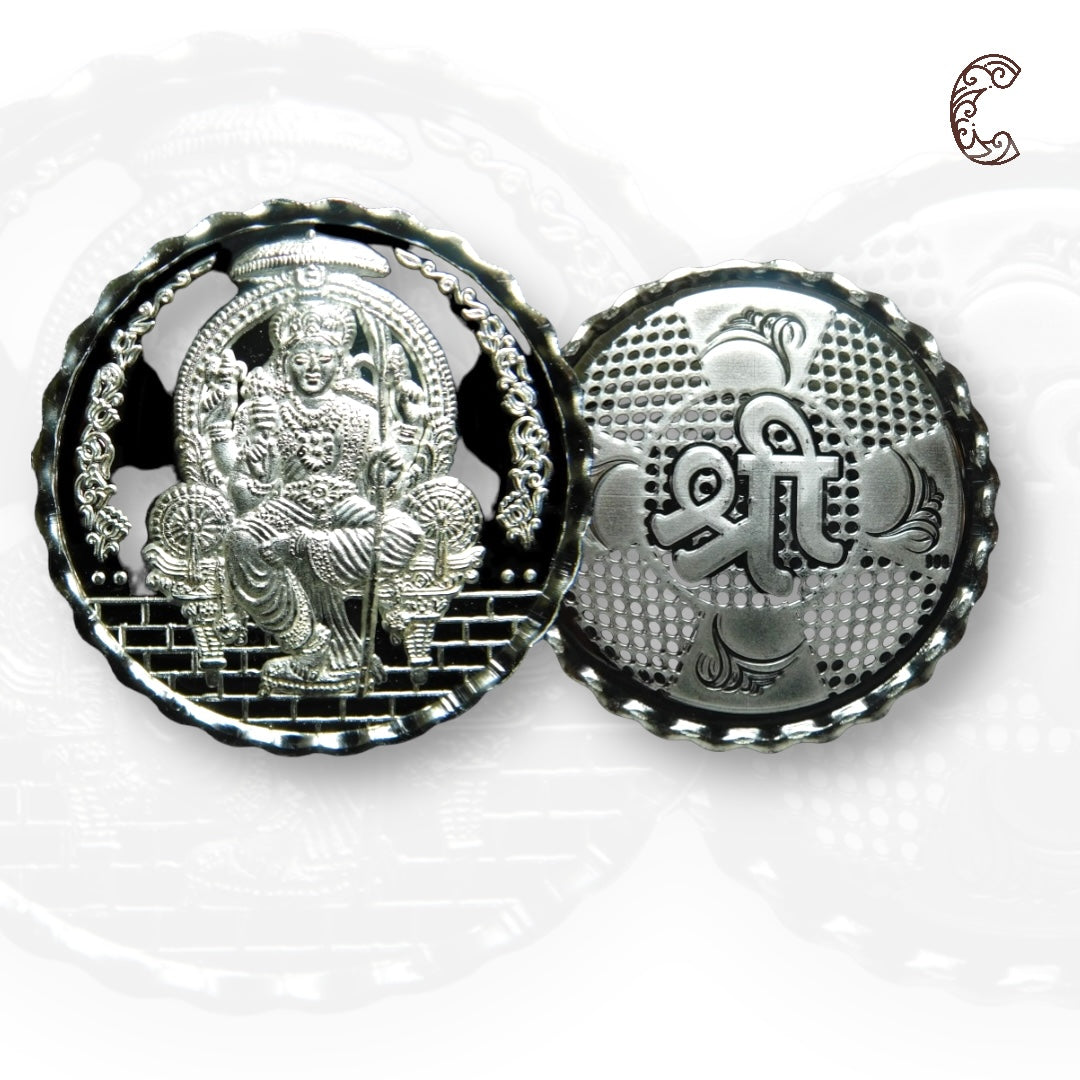 Goddess Maa Lalitha - 3D Silver Coin 24KT Purity 999 Round Shape - Backside Shree - Coin Rituals