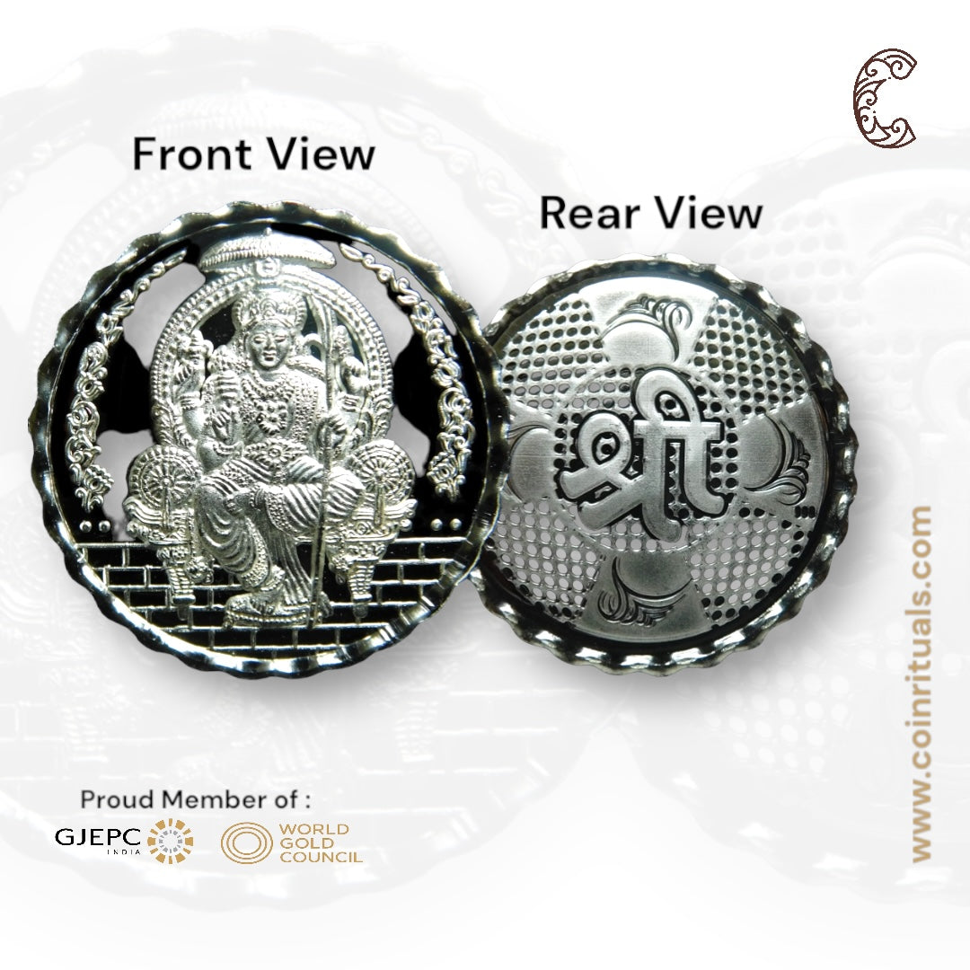 Goddess Maa Lalitha - 3D Silver Coin 24KT Purity 999 Round Shape - Backside Shree - Coin Rituals