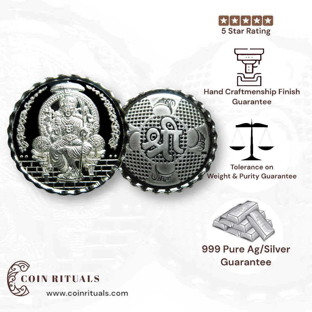 Goddess Maa Lalitha - 3D Silver Coin 24KT Purity 999 Round Shape - Backside Shree - Coin Rituals